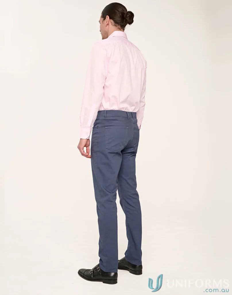 Man in pink shirt and blue Jean Style Flexi Chino Pants with jacquard weave
