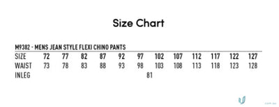 Men’s pants size chart for Jean Style Flexi Chino Pants with jacquard weave feel