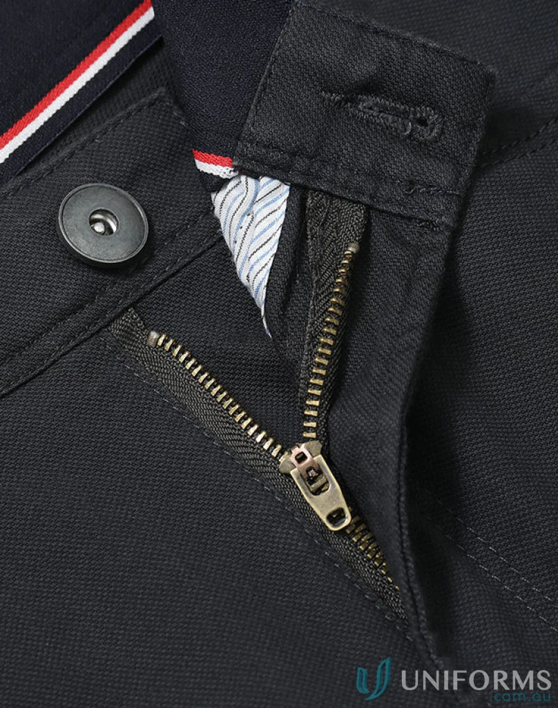 Open zipper on jean style flexi chino pants with jacquard weave for a cool look