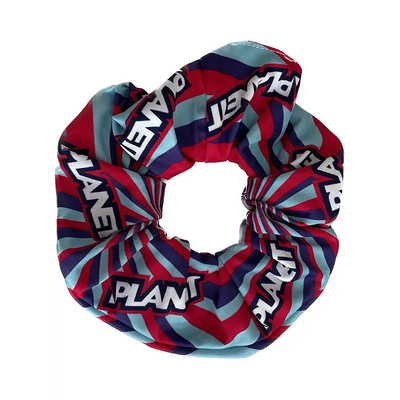 Jelly scrunchie with red navy blue and teal stripes and bold white plant print perfect for work uniforms and workwear