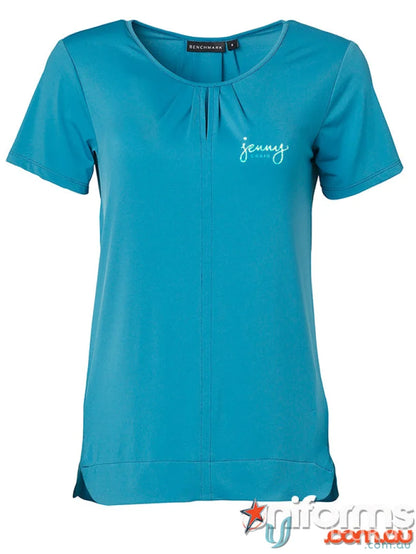 Teal short-sleeved blouse from Jenny Craig EMB SS Pagoda Blouse, perfect for work uniforms