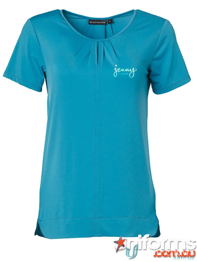 Teal short-sleeved blouse from Jenny Craig EMB SS Pagoda Blouse, perfect for work uniforms
