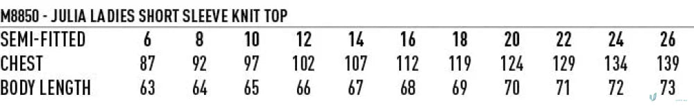 Ladies short sleeve knit top size chart for Jenny Craig workwear and uniforms