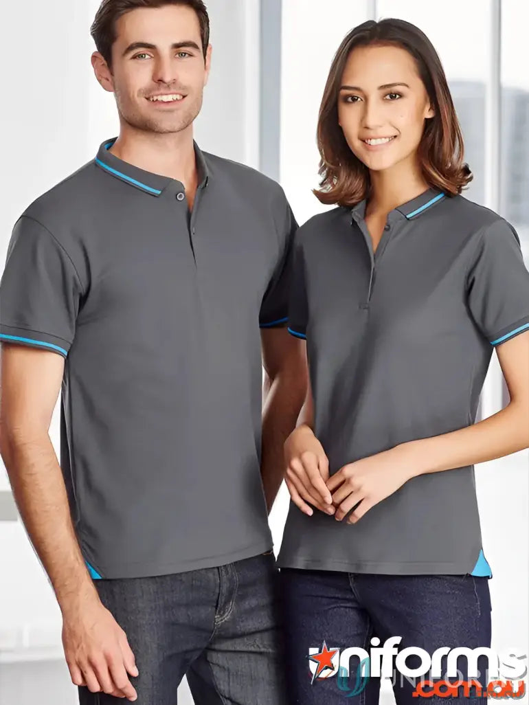 Matching gray Jet Polo shirts with blue trim from Biz Collection Men’s p226ms for a sharp look