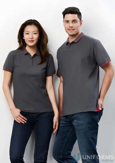 Matching gray Jet Polo shirts with red trim, perfect for Biz Collection Mens p226ms style
