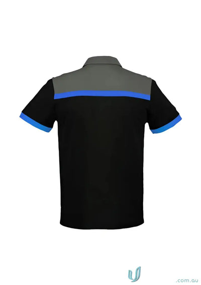 Black gray and blue polo shirt with contrast panels for work uniforms and UPF rating