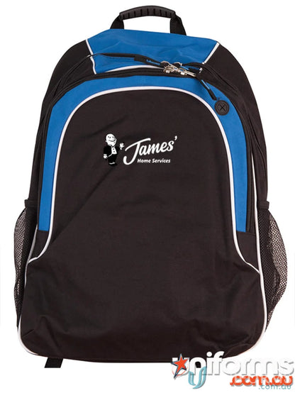Black and blue JHS EMB Backpack with PVC backing, perfect for workwear or uniforms