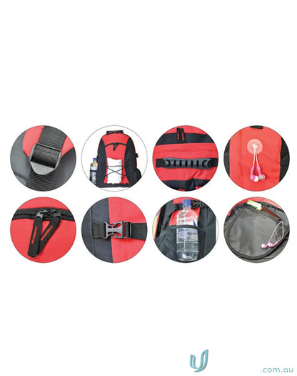 Red and black JHS EMB Backpack with pvc backing, perfect for workwear and uniforms
