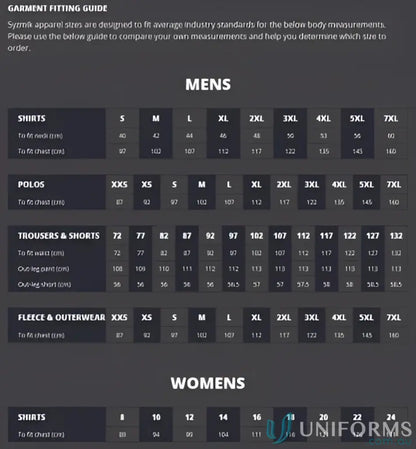 Apparel size guide for JHS EMB Comfort Back SS Polo, perfect for super soft uniforms