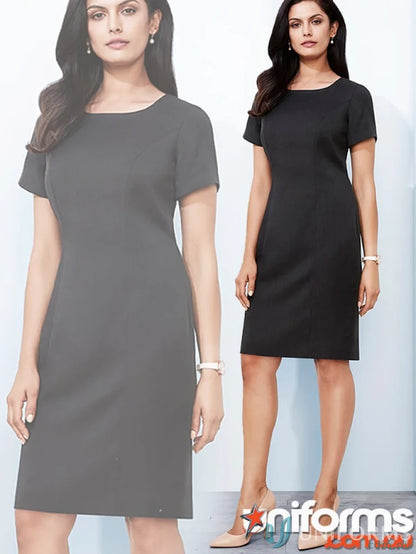 Black short-sleeved sheath dress from JHS EMB Cool Stretch SS Shift Dress, perfect fit for work uniforms