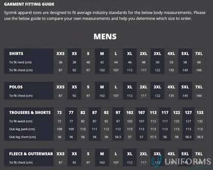 Men’s garment fitting guide for JHS Cooling SS Shirt perfect for work uniforms and workwear