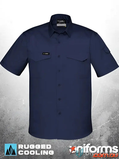 Navy blue short-sleeved workwear shirt from JHS EMB Cooling SS Shirt collection