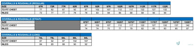 Clothing size chart for JHS EMB Heavy Cotton Coverall, perfect for workwear uniforms