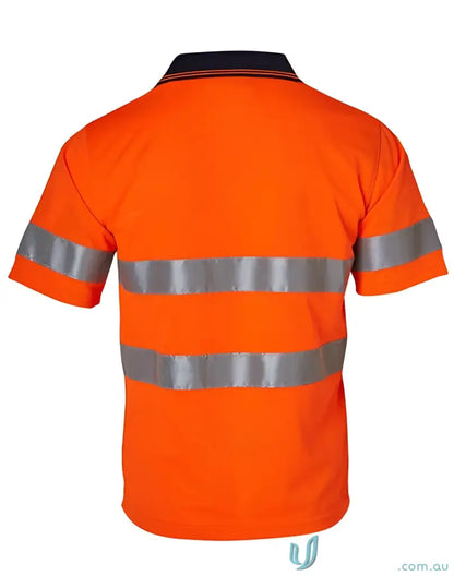 Orange safety polo shirt with reflective stripes for work uniforms, perfect as a hivis ss taped short sleeve polo