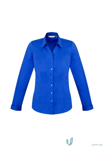 Blue long-sleeved button-down shirt for work uniforms and workwear by JHS EMB Ladies LS Shirt