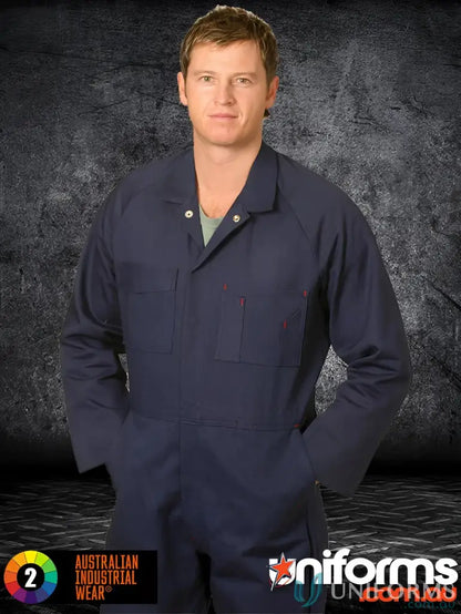 Navy blue cotton drill work jumpsuit with easy access pockets for uniforms