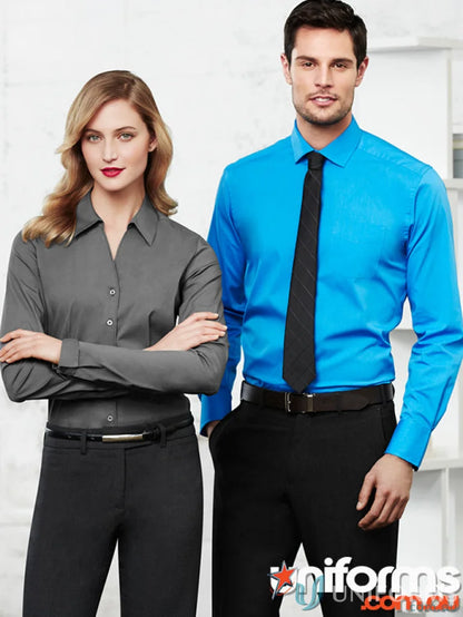 Smartly dressed man and woman in JHS EMB Mens LS Shirt, ideal work uniforms s770ml classic fit