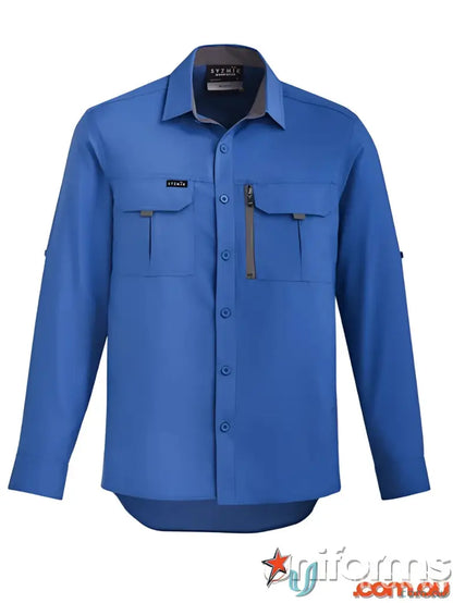 Blue long-sleeved outdoor ls shirt for workwear or uniforms in JHS EMb Outdoor LS Shirt