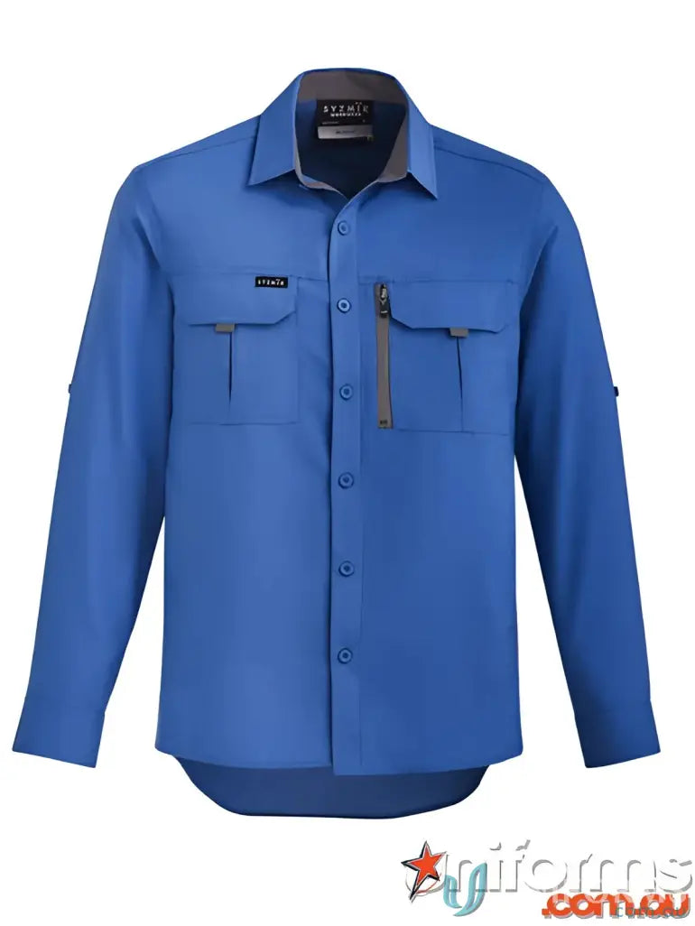 Blue long-sleeved outdoor ls shirt for workwear or uniforms in JHS EMb Outdoor LS Shirt