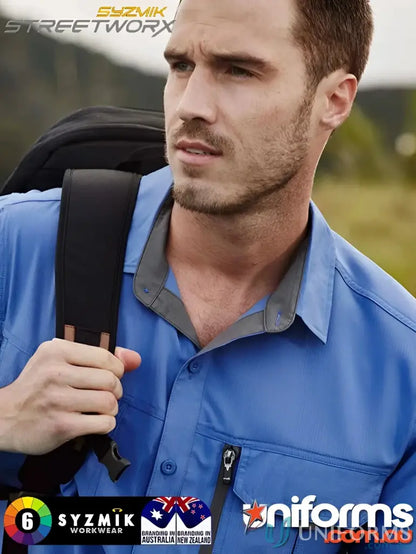 Blue work shirt with backpack from JHS EMB Outdoor LS Shirt workwear and uniforms