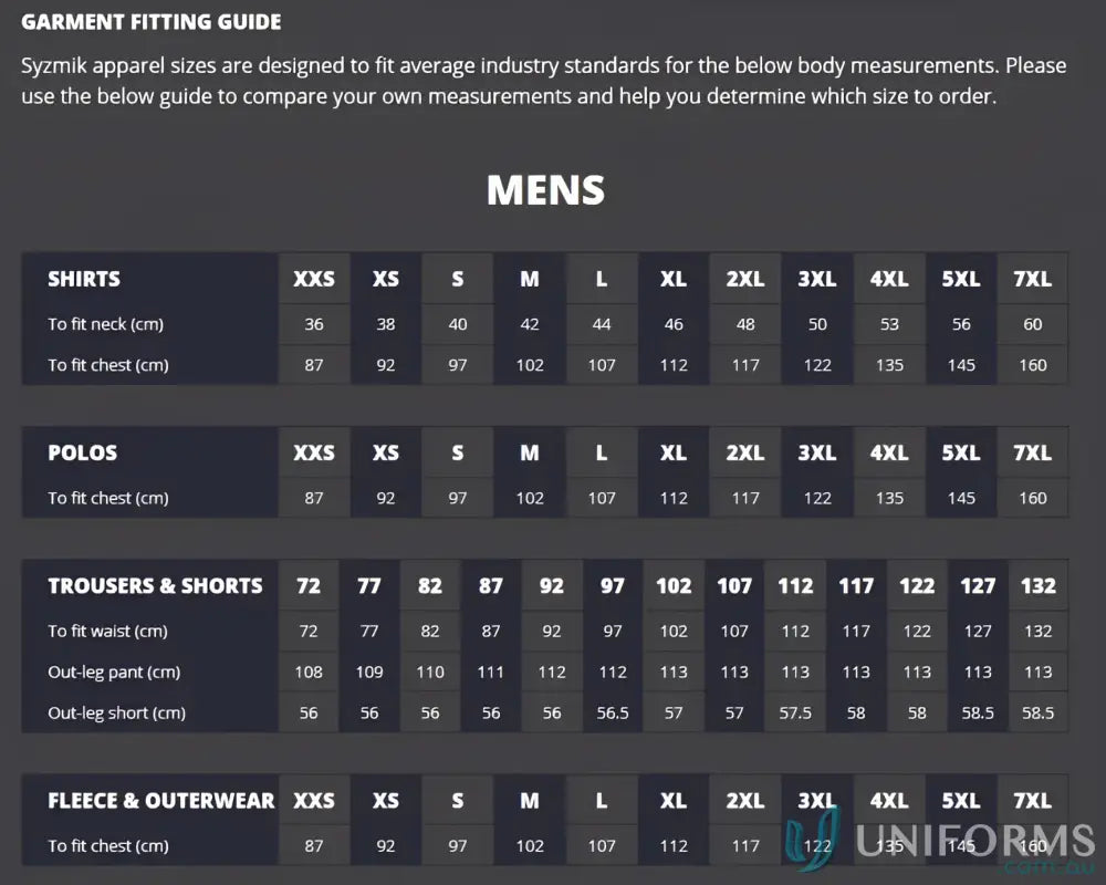 Men’s fitting guide for JHS EMB outdoor LS shirt ideal for workwear or uniforms