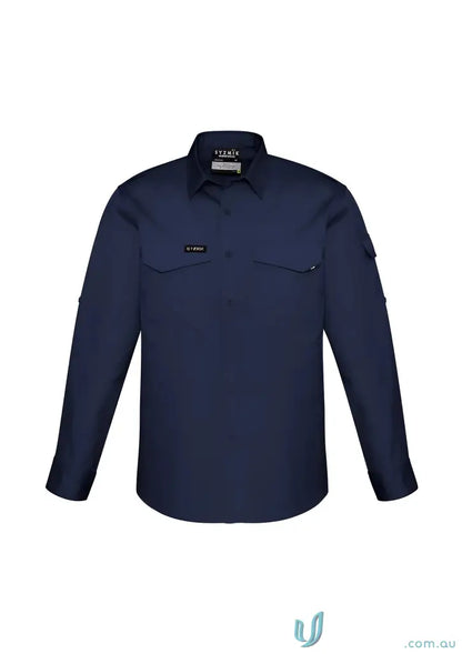 Navy blue long-sleeved work shirt with button-down fit made from durable fabric