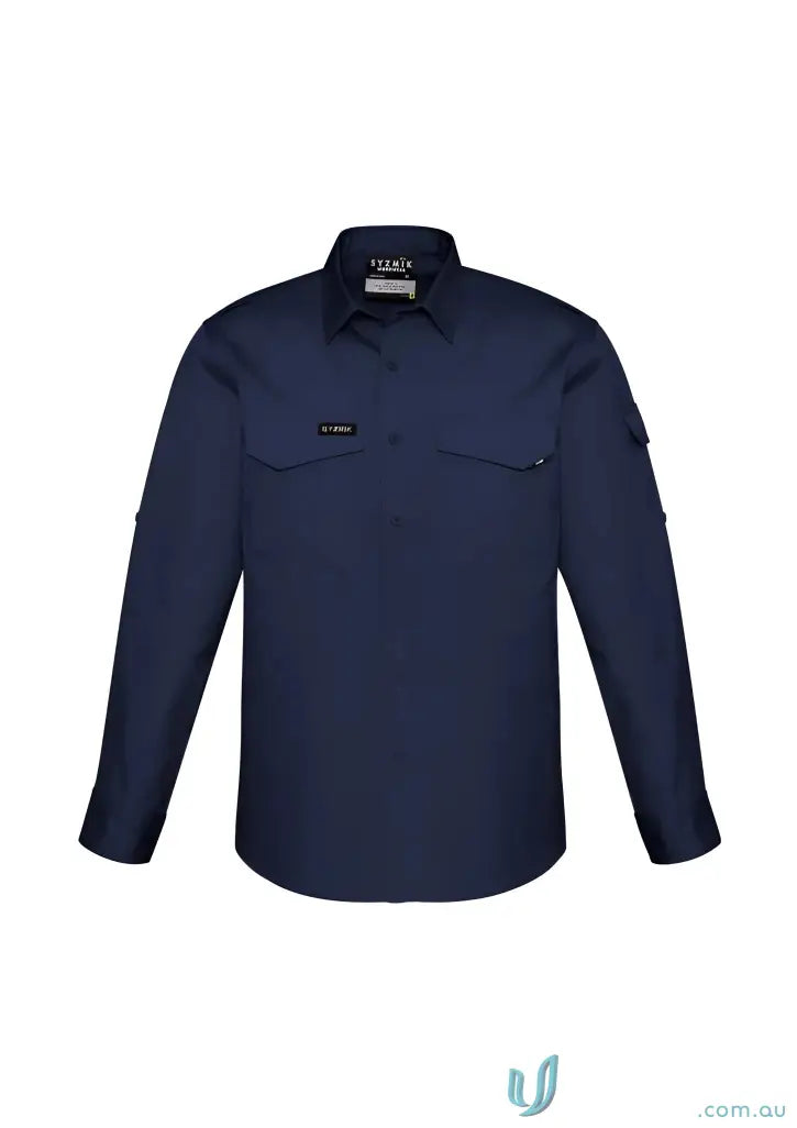 Navy blue long-sleeved work shirt with button-down fit made from durable fabric