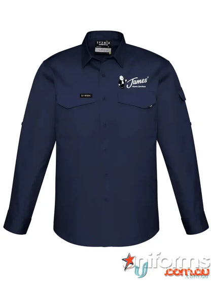 Navy blue long-sleeved work shirt made of durable fabric with a comfortable fit