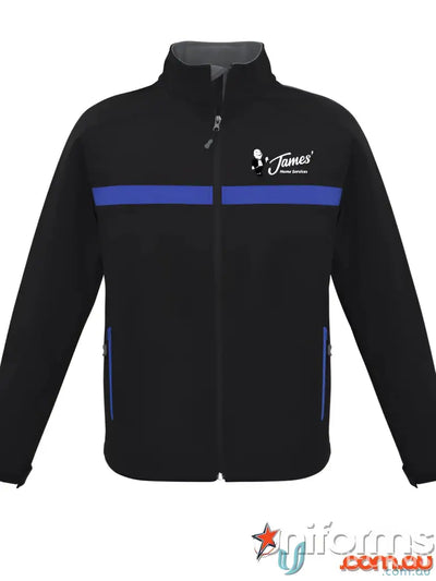 Black jacket with blue stripe from JHS EMB Unisex Jacket, perfect for work uniforms and modern fit style