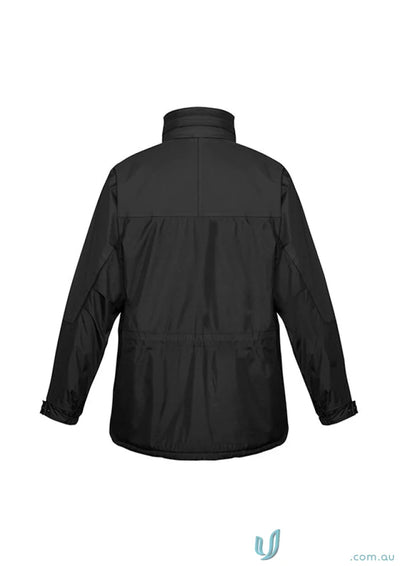 Black waterproof JHS Unisex Jacket with storm flap and adjustable drawstrings