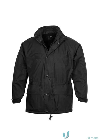 Black hooded winter jacket with adjustable drawstrings and storm flap, perfect for sports uniforms