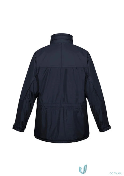 Navy blue JHS EMB Unisex Jacket with adjustable drawstrings and storm flap for sporty look