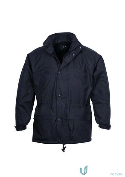 Navy blue JHS EMB Unisex Jacket with adjustable drawstrings and storm flap for sports uniforms