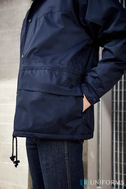 Navy blue JHS EMB Unisex Jacket with adjustable drawstrings and storm flap, perfect for sports uniforms