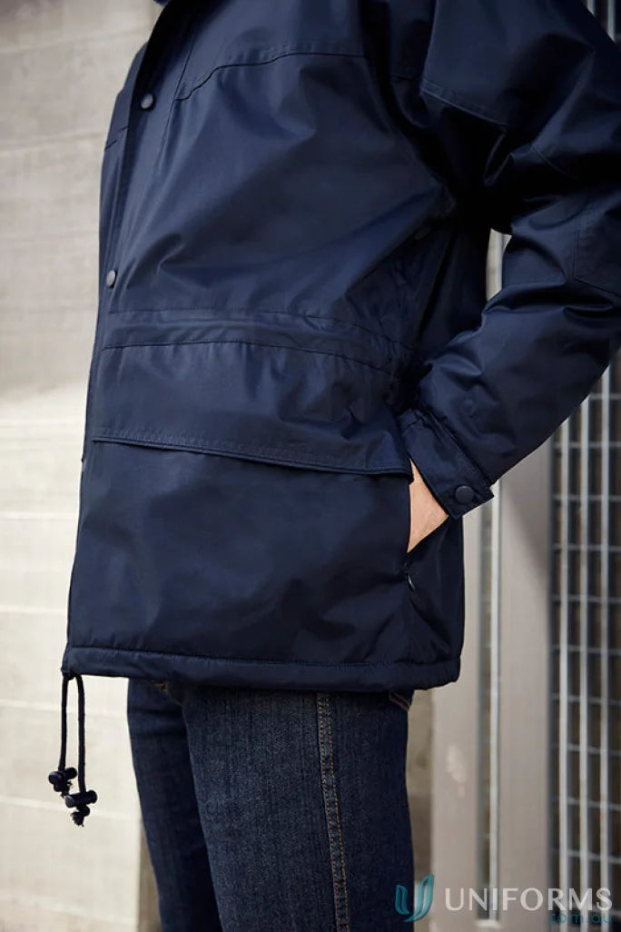 Navy blue JHS EMB Unisex Jacket with adjustable drawstrings and storm flap, perfect for sports uniforms