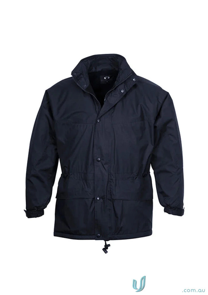 Navy blue JHS EMB Unisex Winter Jacket with adjustable drawstrings and storm flap