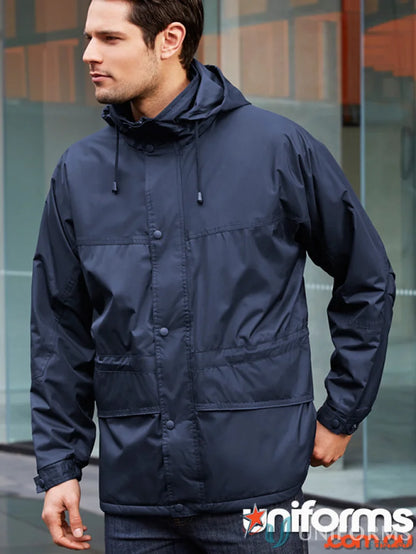 Navy hooded rain jacket with adjustable drawstrings and storm flap from JHS Unisex Jacket