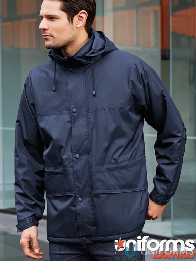 Navy hooded rain jacket with adjustable drawstrings and storm flap from JHS Unisex Jacket