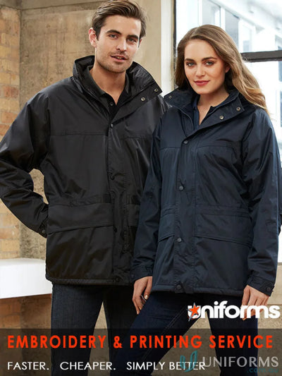 Two people wearing JHS EMB Unisex Jacket with adjustable drawstrings and storm flap