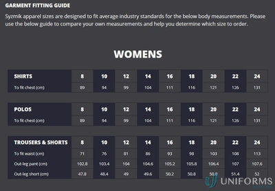 Women’s apparel sizing guide for JHS Ladies Rugged Cooling Short workwear and uniforms