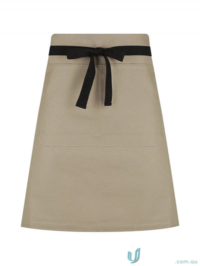 Jimmy Canvas Waist Apron in beige with black ties, brass rivets, and webbing ties