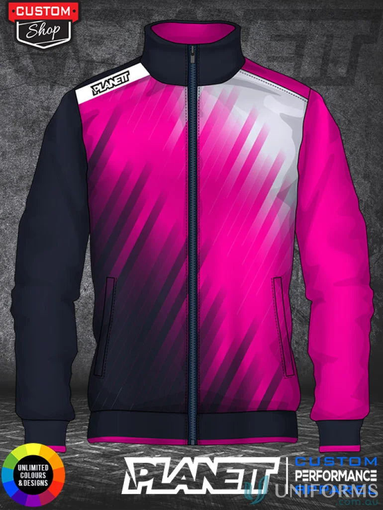 Pink and black athletic jacket made from custom made sublimated polyester high tech fabrics