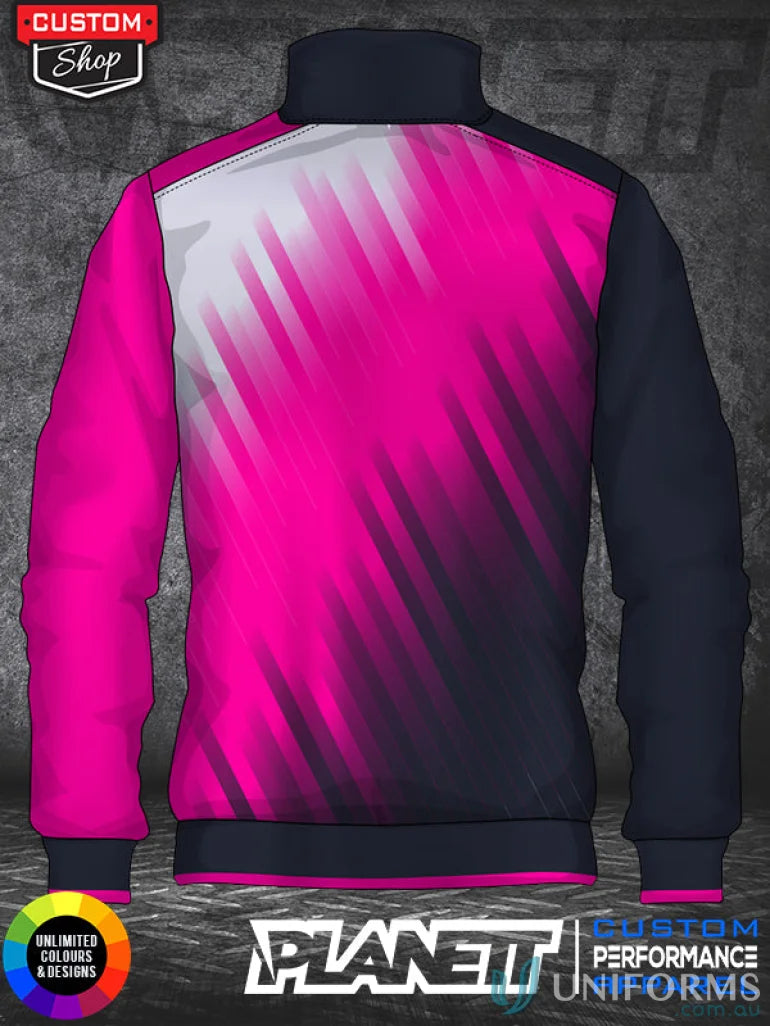 Pink and black athletic jacket made with sublimated polyester high tech fabric