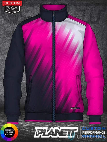 Pink and black zip-up jacket made with high-tech polyester for custom sublimated garments