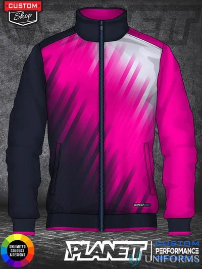 Pink and black zip-up jacket JK105 Custom DyeSub Mens Softshell with custom made sublimated polyester high tech fabric and free set