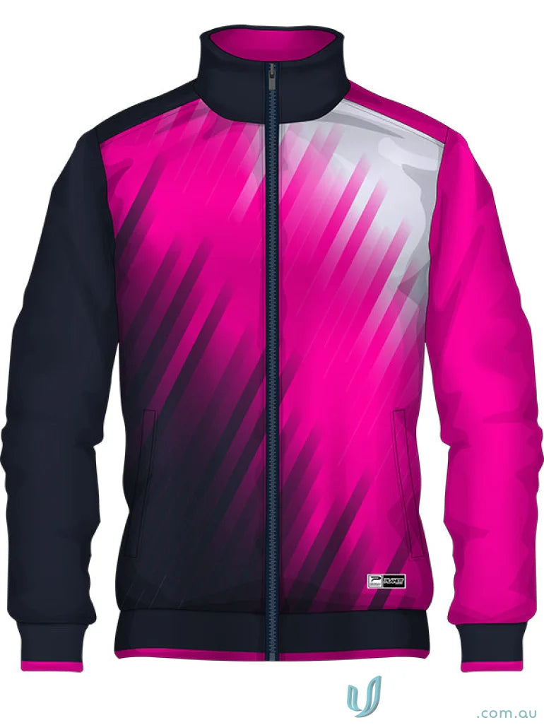 Pink and black athletic jacket from JK105 Custom Jacket made with sublimated sports fabric