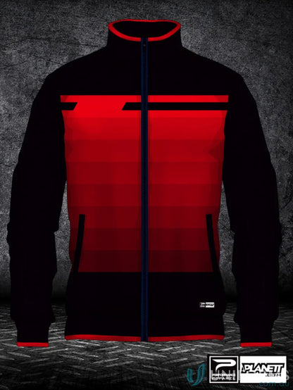 Red and black JK106 Custom Jacket made with sublimated garments and sports fabric