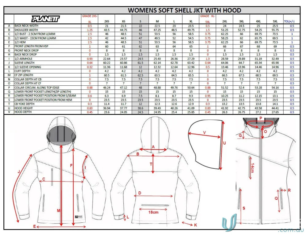 Women’s soft shell jacket size chart for JK106 Custom Jacket made with sublimated garments and sports fabric