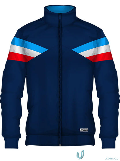 Blue track jacket with colorful stripes from JK108 Custom Jacket, made from sublimated sports fabric