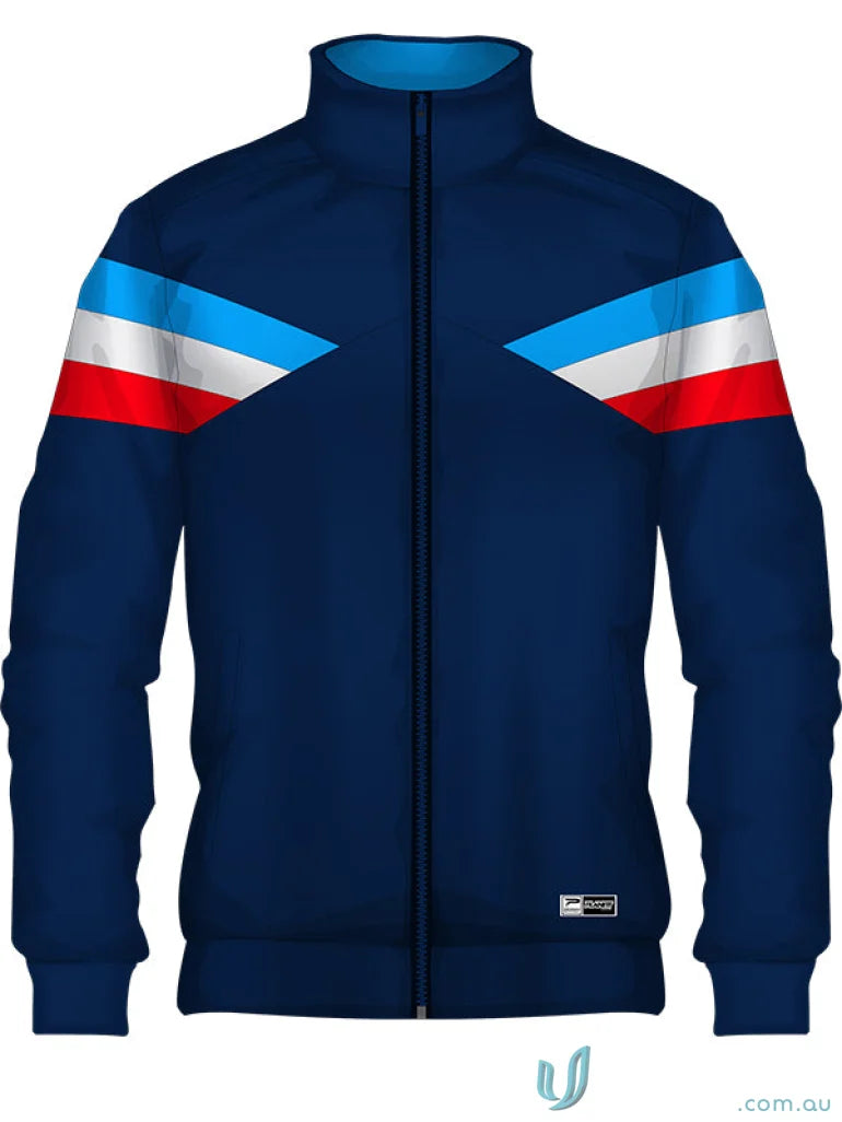 Blue track jacket with colorful stripes from JK108 Custom Jacket, made from sublimated sports fabric